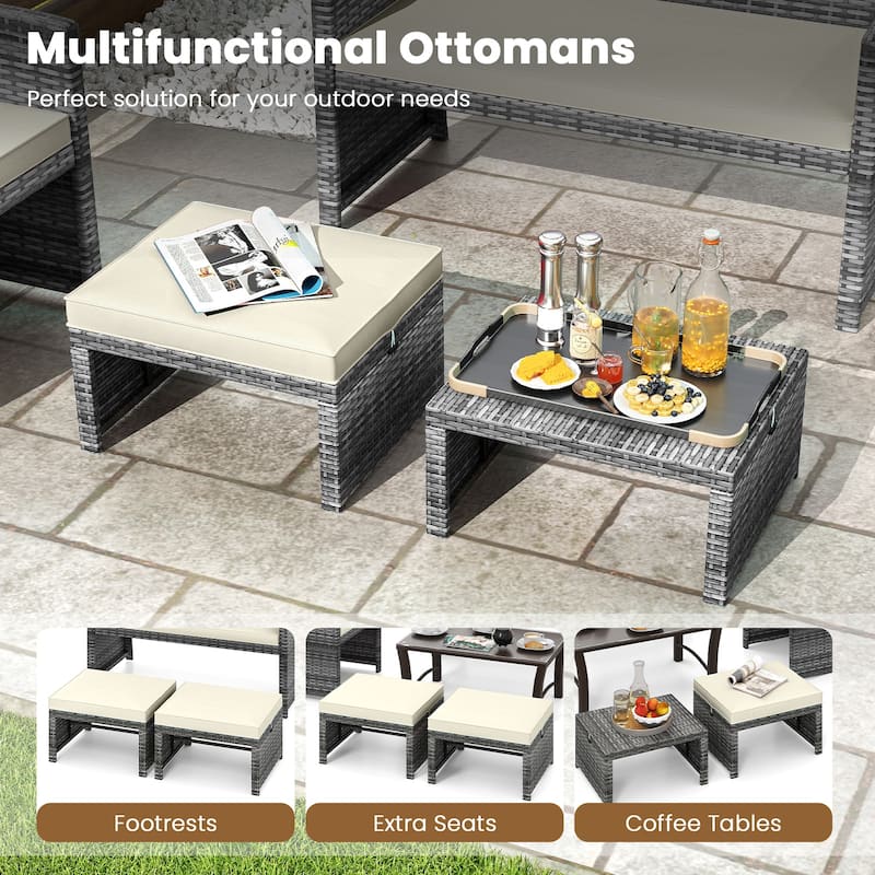PE Rattan Outdoor Ottomans with Cushions, Footrest Seats or Tables - 16" L x 19" W x 9.5" H