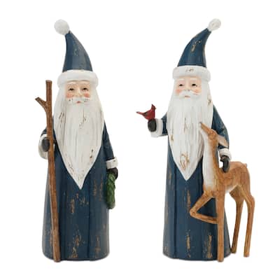 Carved Woodland Santa Christmas Figurines with Deer and Bird - 12" - Set of 2