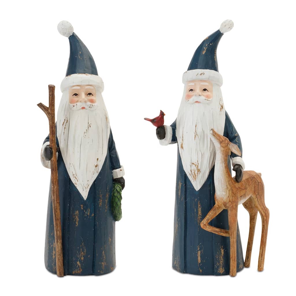 Carved Woodland Santa Christmas Figurines with Deer and Bird - 12" - Set of 2