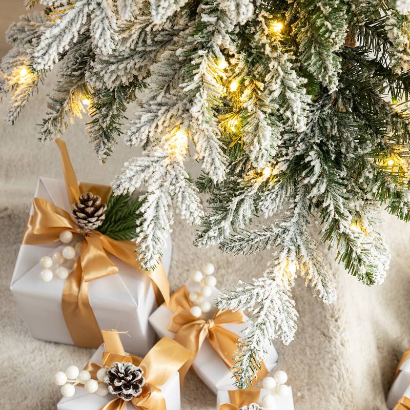 Glitzhome Pre-Lit Flocked Pencil Spruce Artificial Christmas Tree with Warm White Lights