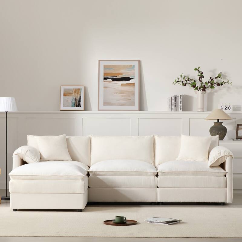 103" L-Shaped Chenille Sectional Sofa with Movable Ottoman - White - Reversible