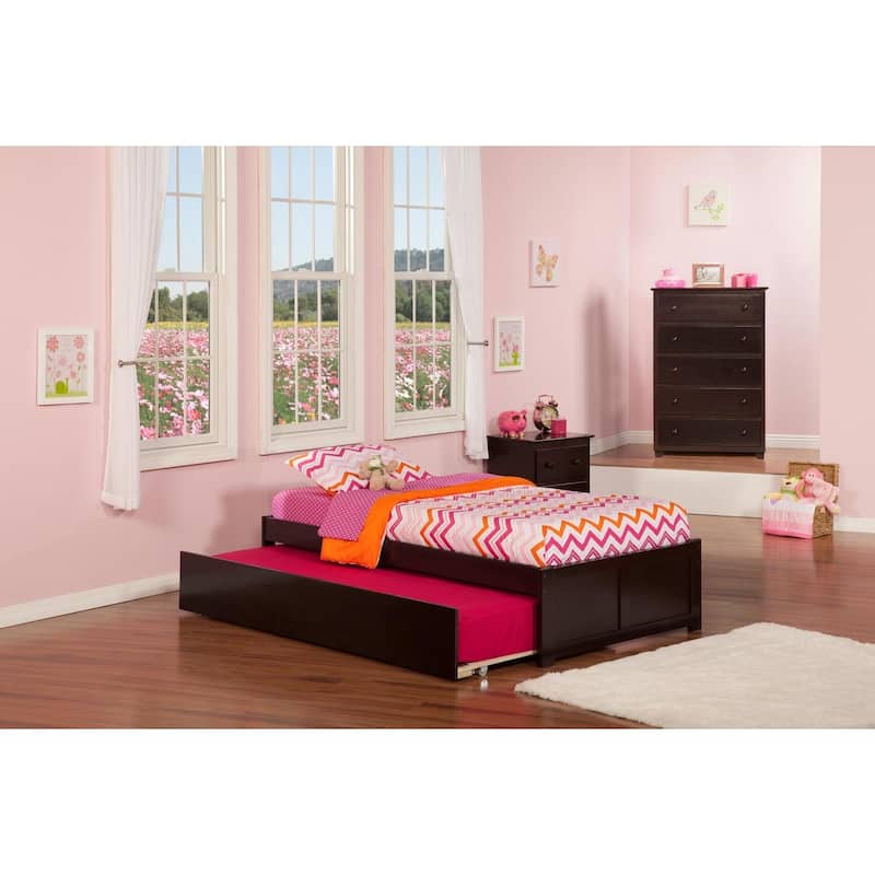 Twin Platform Bed with Trundle - Modern Style, Walnut Finish, Space Saving Design