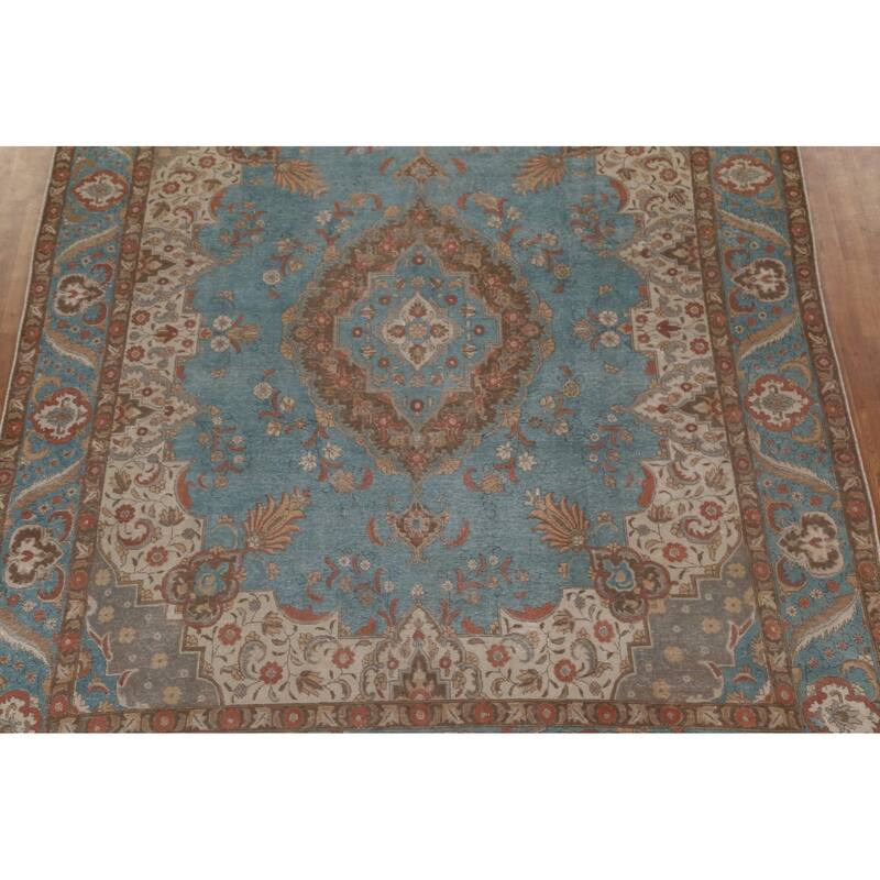 Distressed Over-Dyed Tabriz Persian Rug Antique Blue Wool Carpet - 9'5"x 11'10"