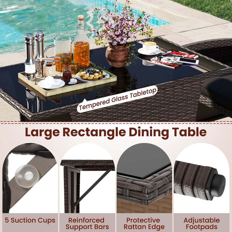 3 Piece Patio Wicker Dining Set with Glass Table and Cushioned Chairs - 25" x 23.5" x 31"