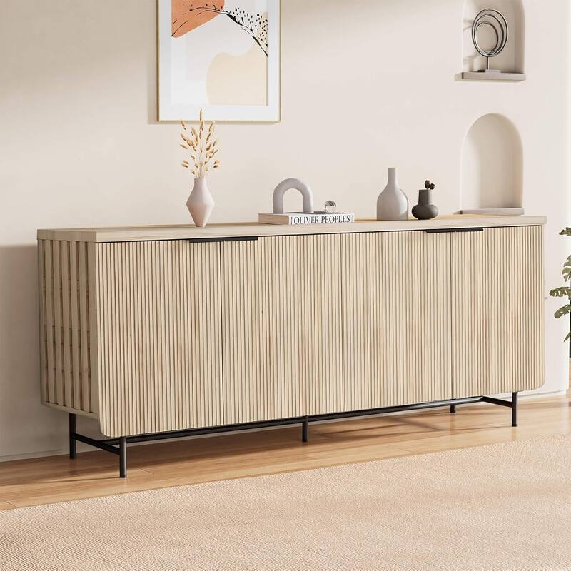 68" Mid-century TV Stand Entertainment Center with Adjustable Shelves 4 Doors & LED Light - Yellow