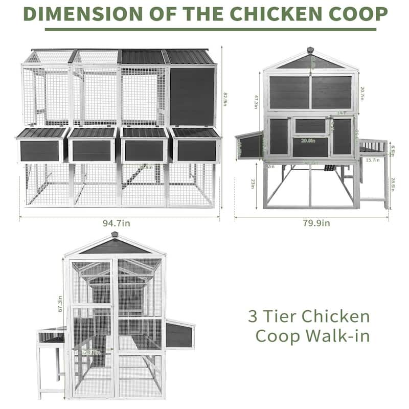 95" Wooden Walk-In Chicken Coop with Run and Nesting Boxes for 10 Hens
