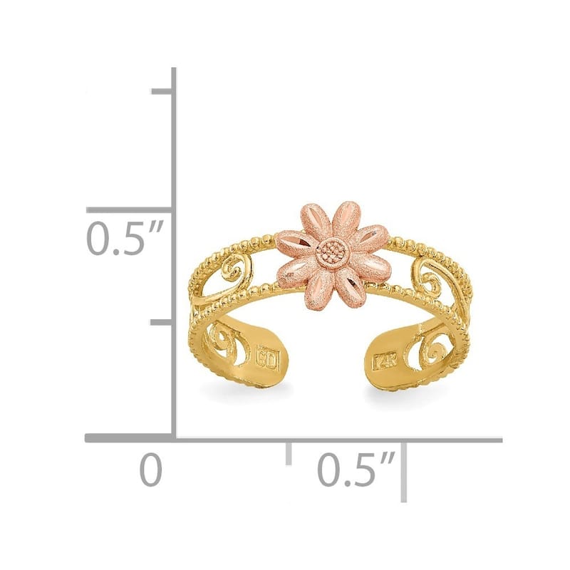 Curata Womens Adjustable Solid 14 karat Two-Tone Gold Flower Toe Ring