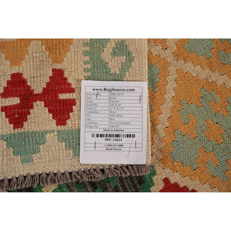 Geometric Trellis Kilim Oriental Rug Hand-Woven Tribal Wool Carpet - 8'9"x 11'4"