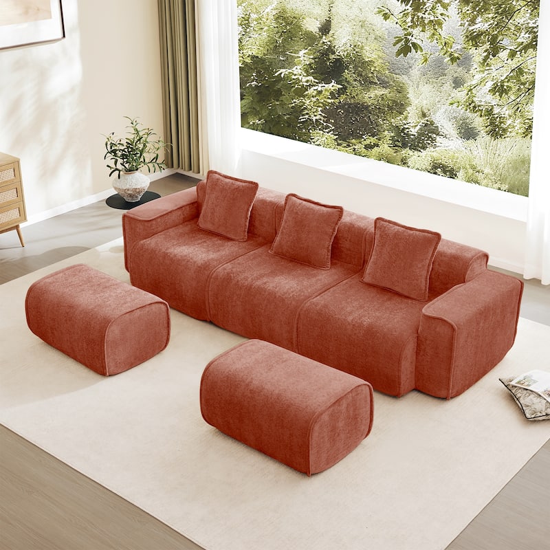 GDFStudio - Streamlined Velvet 3-Seater 108.66" U-Shaped Modular Boneless Sofa with 2 Ottomans - Red