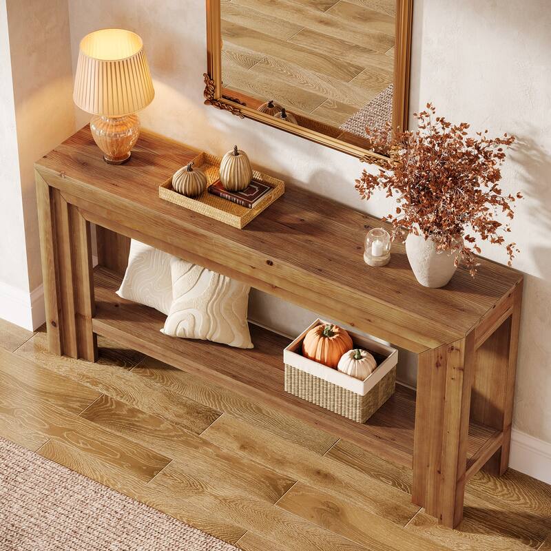 63-Inch Entryway Table, Solid Wood Console Tables with Storage Shelf