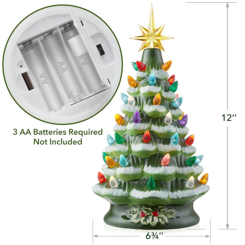 12in Hand Painted Ceramic Christmas Tree PreLit Tree with Star