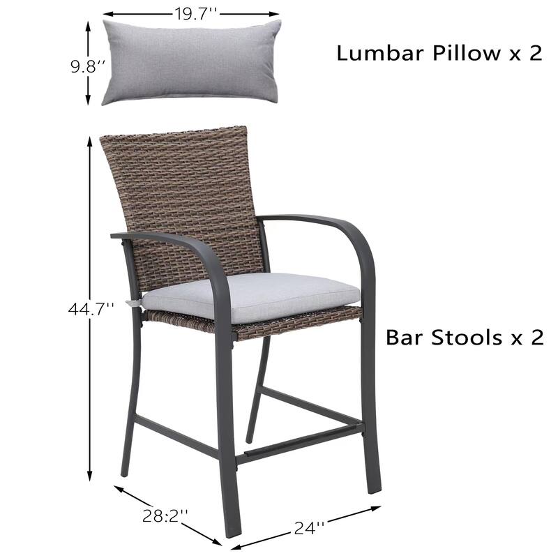 3-Piece Wicker Bar Height Outdoor Dining Set Patio Bar Sets Outdoor Bar Table Bar Stools with Gray Cushions