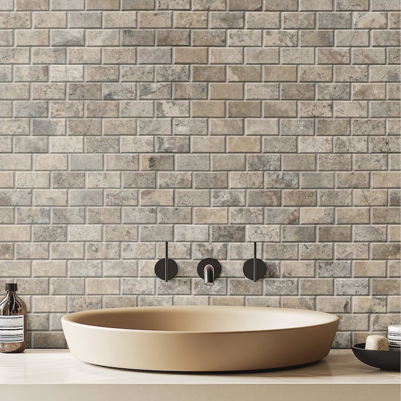 Ackland AKM-S-2X4BSWH-CA 12" x 12" Marble and Travertine Brick Wall