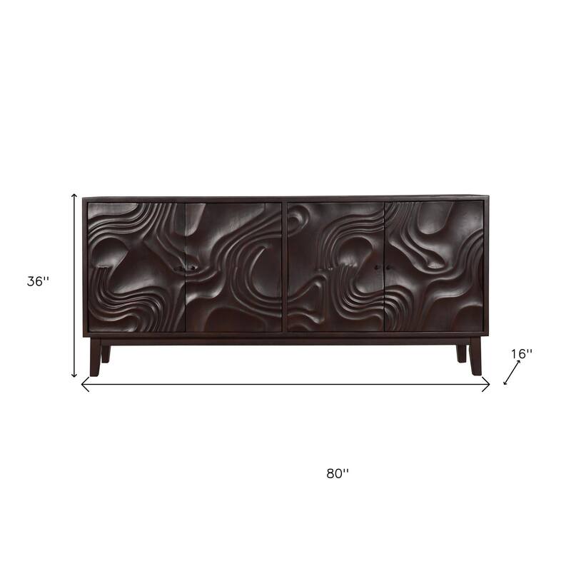HomeRoots 80" Dark Brown Solid Wood Carved Abstract Sideboard with Four Doors - 80.00 in. x 36.00 in. x 16.00 in.