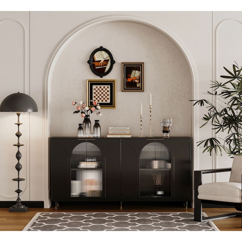 Accent Black Lacquered 4 Door Wooden Cabinet Sideboard Buffet Server Storage Cabinet, for Living Room,Office, Kitchen
