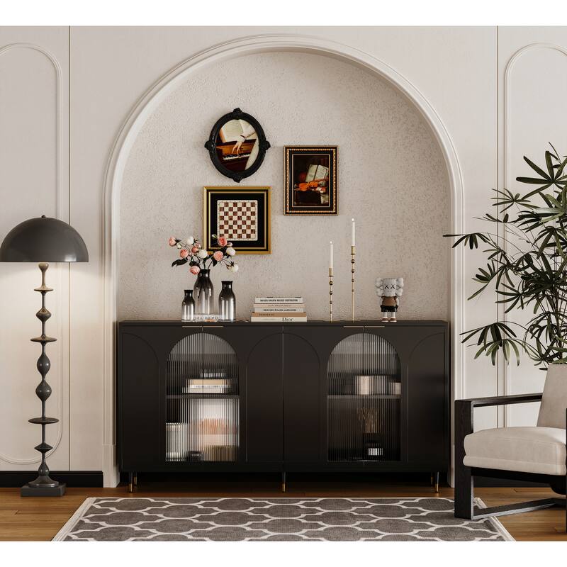 Accent Cabinet Lacquered Wooden Cabinet with 4 Glass Doors Sideboard Buffet - Black