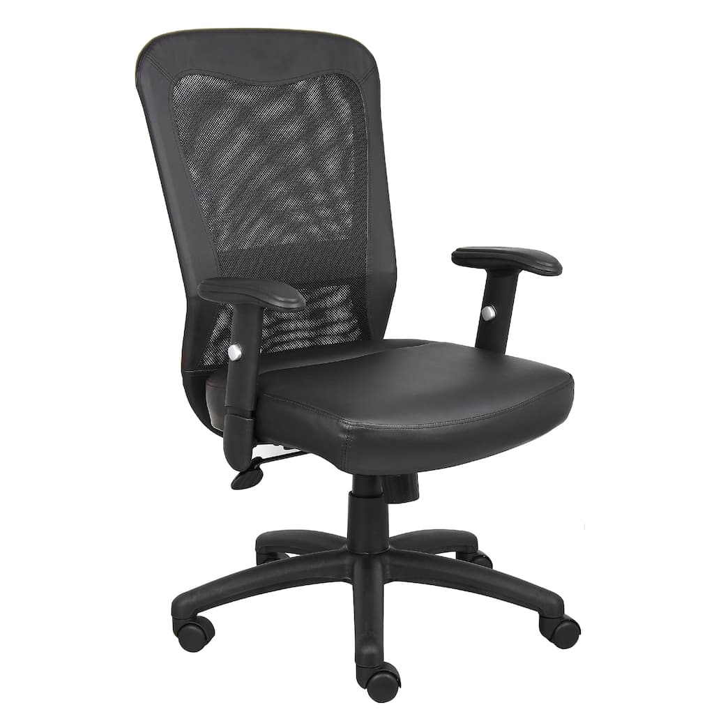 Rolling Task Chair, Black LeatherPlus Mesh, Adjustable Arms, Swivel