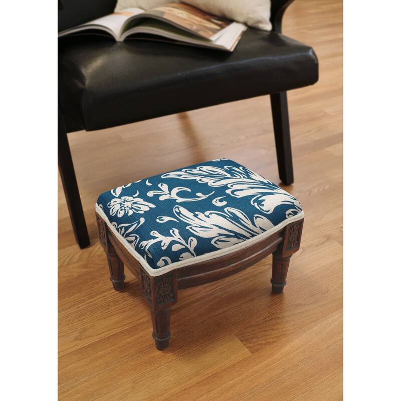 Navy Blue Tuscan Floral Footstool with wood stained finish