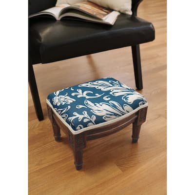 Navy Blue Tuscan Floral Footstool with wood stained finish