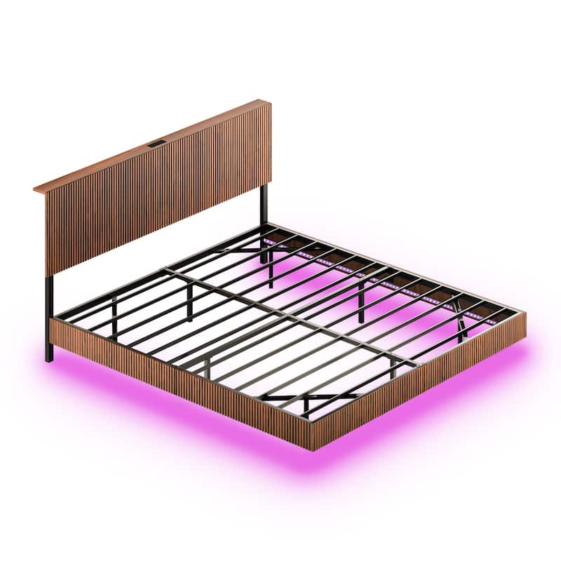 Floating Platform Bed with Charging Station and LED Lights, Wavy Headboard, Heavy-Duty Metal Slats, No Box Spring Required