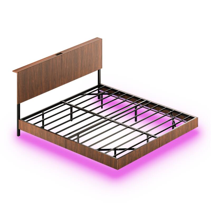 King floating bedstead, with charging station and LED lights, wavy headboard, with heavy metal Flat noodles