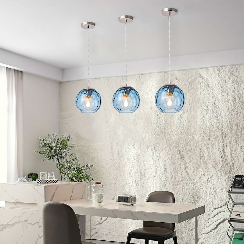 Modern Nickel Kitchen Island Pendant Light with Blue Stone Ripple Glass Shade