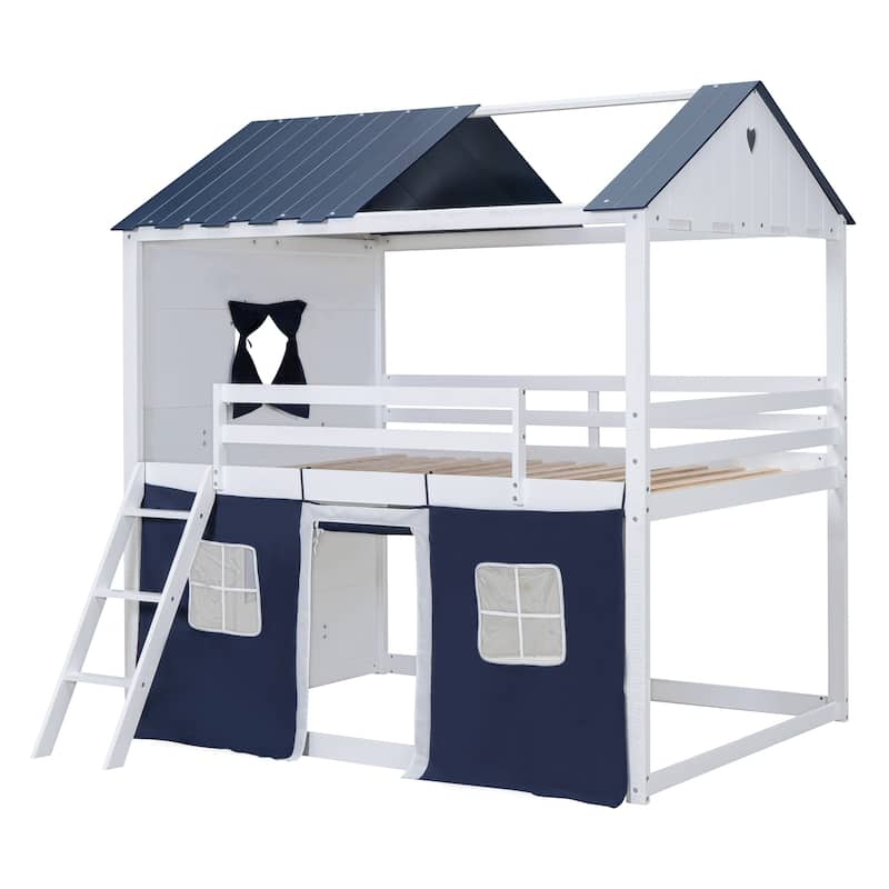 Full Size Bunk Wood House Bed with Elegant Windows, Sills and Tent, Blue+White