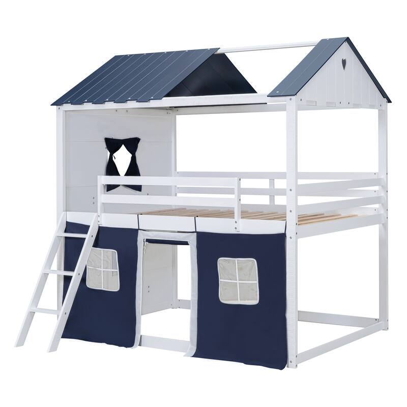 White+Blue Wood Castle House Bunk Bed with Windows, Sills, Tent, and Slide, Playhouse Design
