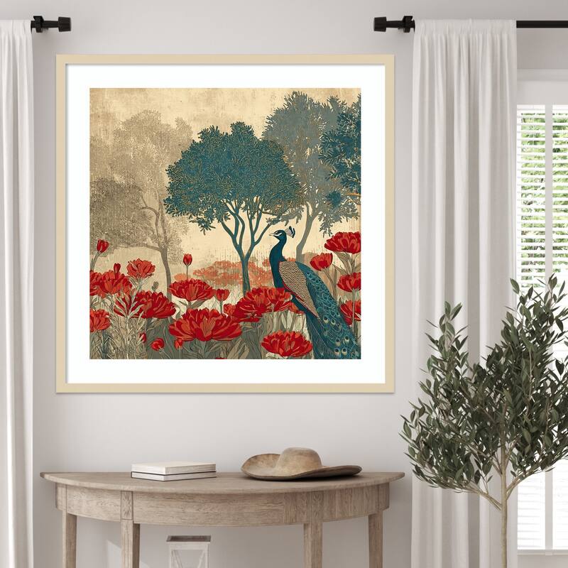 Peacock Mughal Mural Designs No. 7 by Tradelink inhouse artist Wood Framed Wall Art Print - Svelte Natural