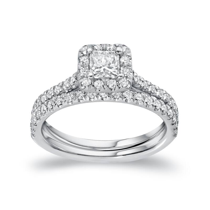 Auriya 14k Gold 1ctw Princess-cut Halo Diamond Engagement Ring Set