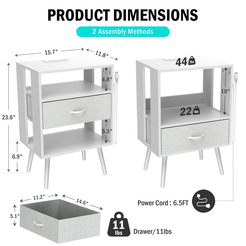 2 Pack Modern LED Nightstand with Charging Station and Fabric Drawers
