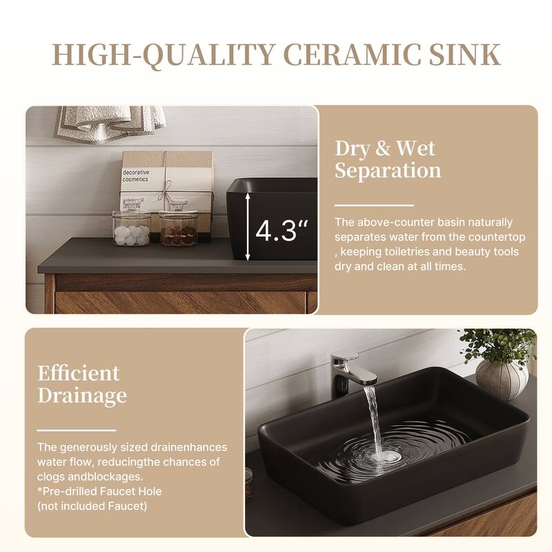 36'' Single Bathroom Vanity with Stone Top, Brown Wood, Black Vessel, Floading Vanities