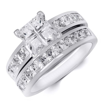 Sterling Silver 3.5 CT Cubic Zirconia Princess Cut Bridal Ring Set