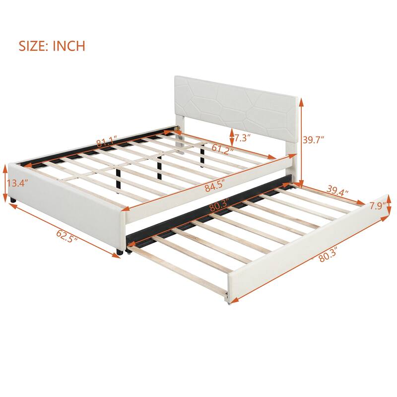 Queen Size Upholstered Platform Bed with Brick Pattern Headboard and Twin XL Size Trundle, Linen Fabric, Beige