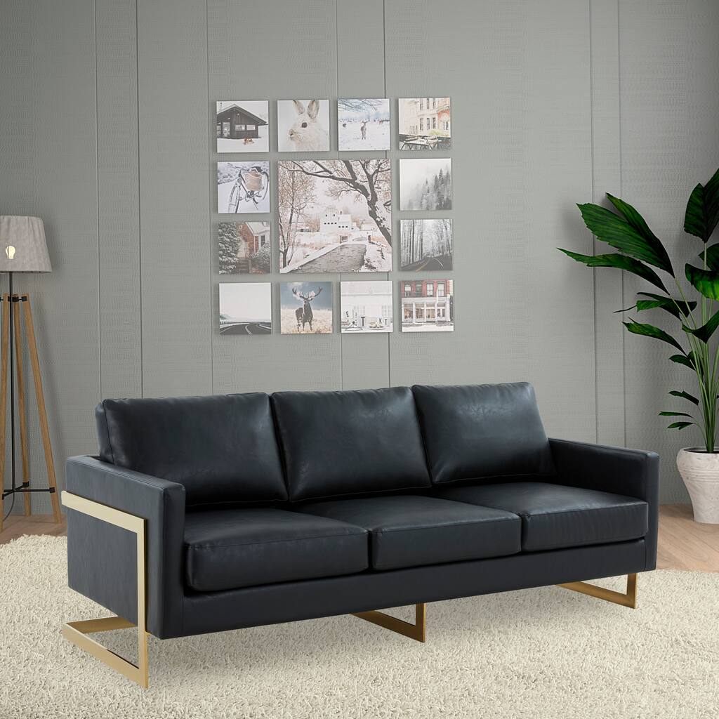 LeisureMod Lincoln Modern Upholstered Leather Sofa with Gold Frame - 83"
