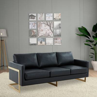 LeisureMod Lincoln Modern Upholstered Leather Sofa with Gold Frame - 83"