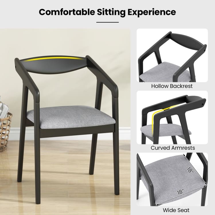 Set of 2 Black Linen Fabric Dining Chairs with Rubber Wood Frame and Padded Sponge Seats - 20" x 21" x 30"