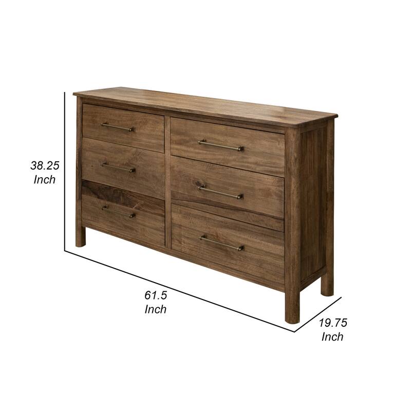 Olum 62 Inch Dresser, 6 Drawers, Metal Handles, Solid Mango Wood, Brown