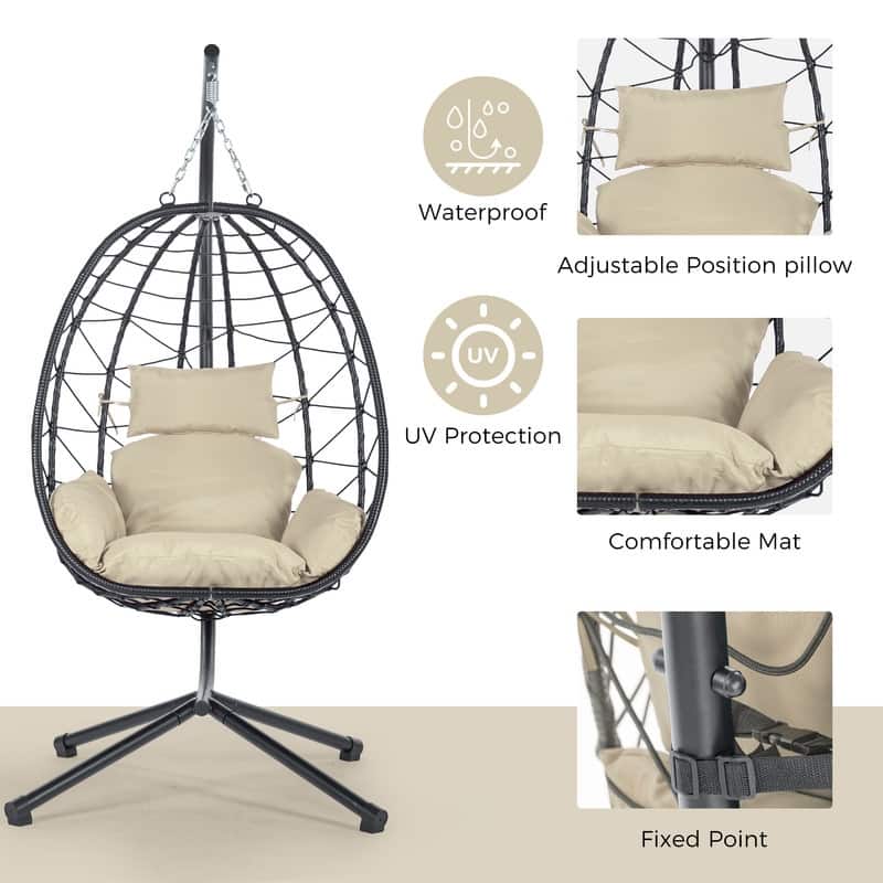 Wicker Hanging Egg Chair with Stand - Boho Swing Chair for Patio, Living Room, Bedroom & Balcony