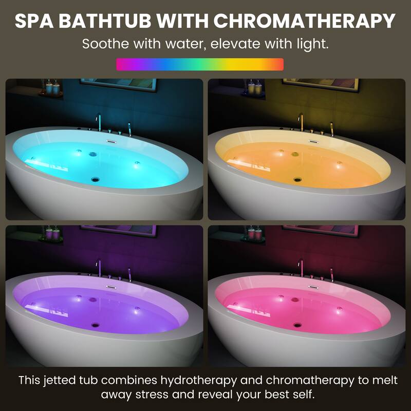 71 in. Freestanding Acrylic Whirlpool Bathtub with 6 Jets, Chromatherapy LED Lighting, 4-Hole Faucet Kit, Center Drain