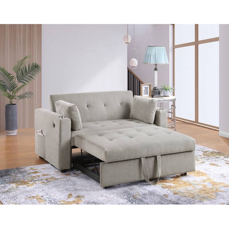 Luelle 57"W Corduroy Convertible Sleeper Loveseat with Cupholders, USB Ports, Magazine Pockets, Pillows, Tufting - Gray