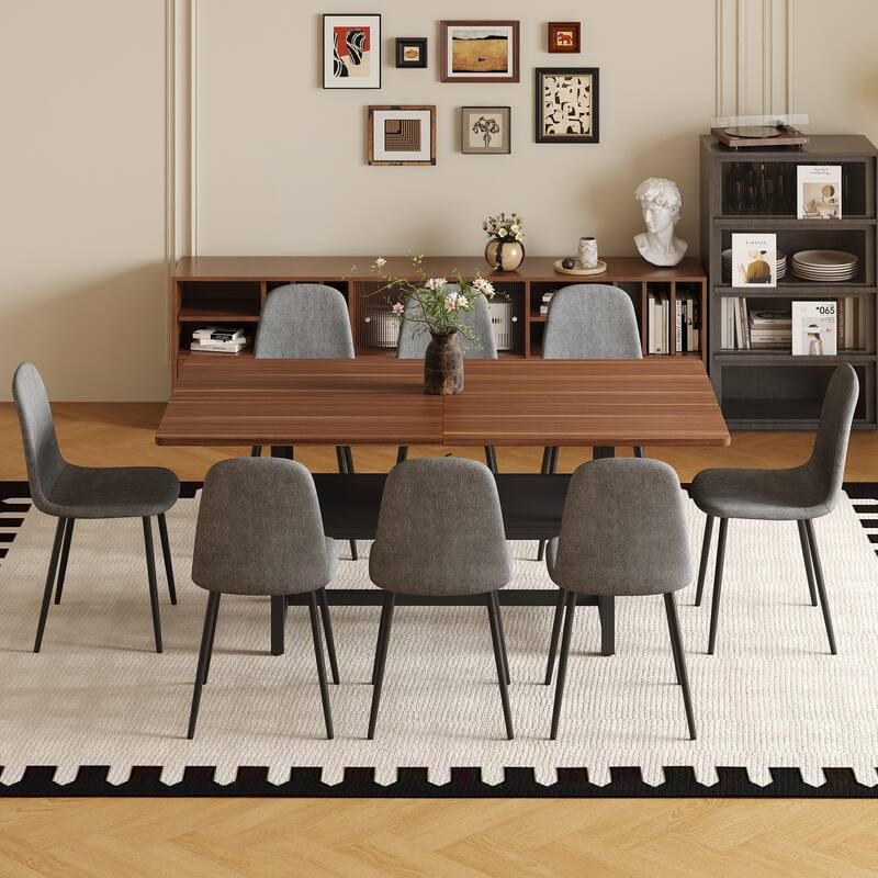 9-Piece Modern Dining Table Set, 71x35.4 Inch Wood Grain Table & 8 Linen-Cotton Dining Chairs