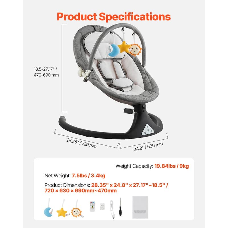 Grey Foldable Electric Baby Swing with Music 5 Gentle Swing Speeds and 3 Adjustable Seat - 28.35" L x 24.8" W x 18.5"-27.17" H