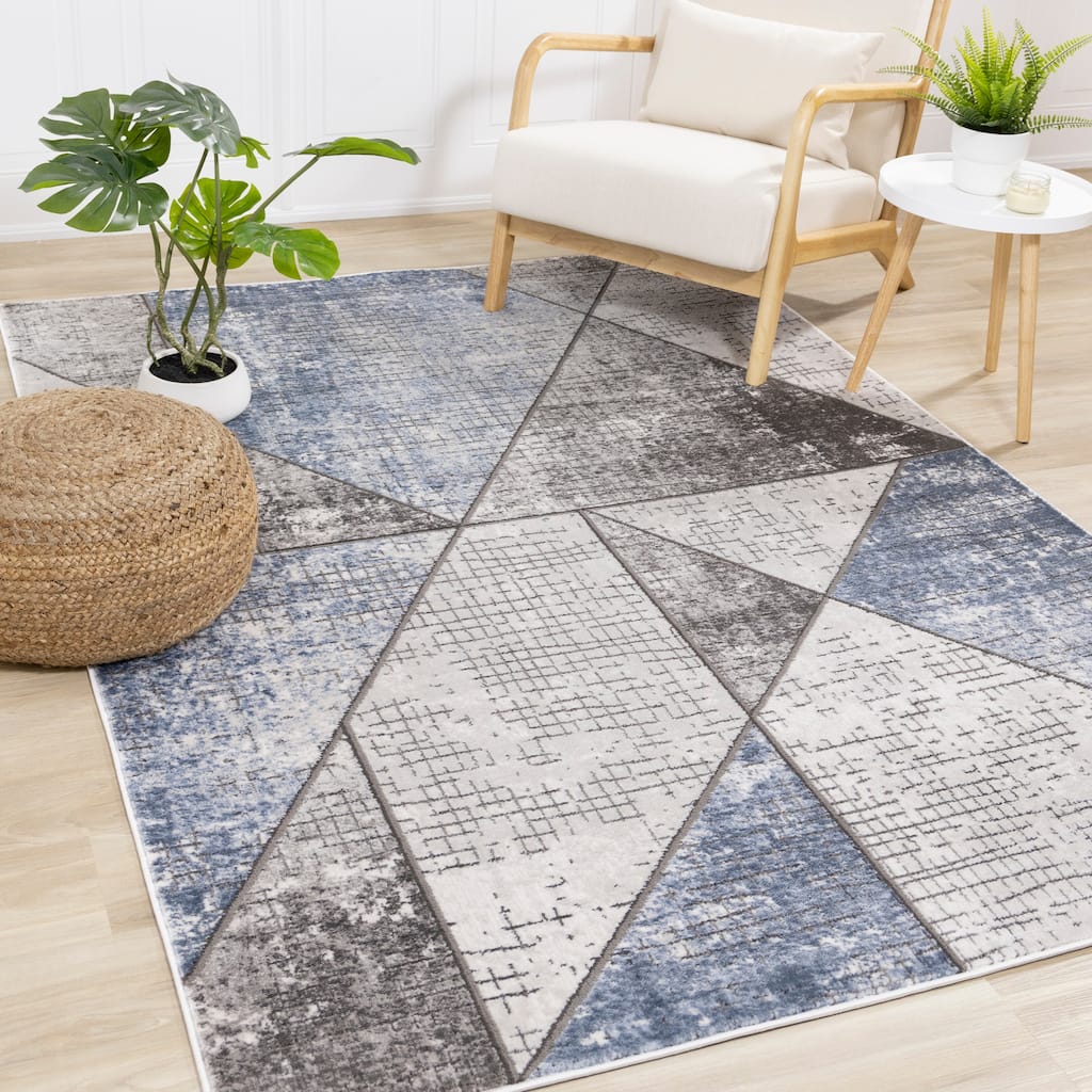 Denver Collection - Blue/Grey Crosshatched Triangles Rug
