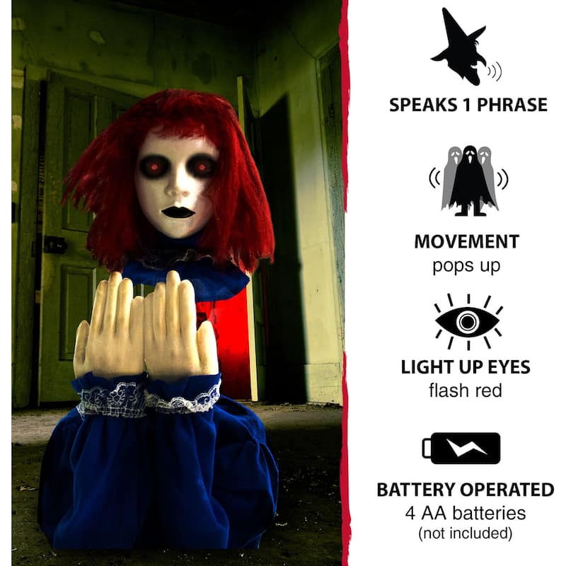 Haunted Hill Farm 27 In. Pop-Up Animatronic Haunted Doll, Indoor/Outdoor Halloween Decoration, Red Flashing Eyes, Noises