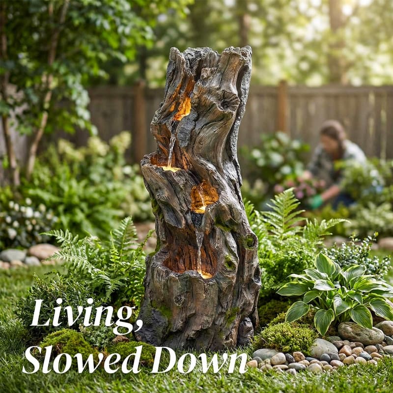 3 Tier Log Look Outdoor Water Fountain with Natural Stream Sound and Lights