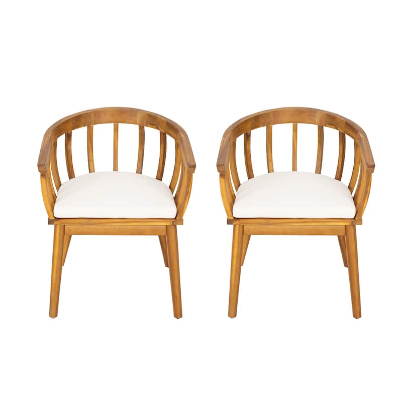 Roomfitters Klismos Solid Acacia Wood Dining Armchair with Curved Backrest, Teak Finish, Set of 2 - Teak+ Beige