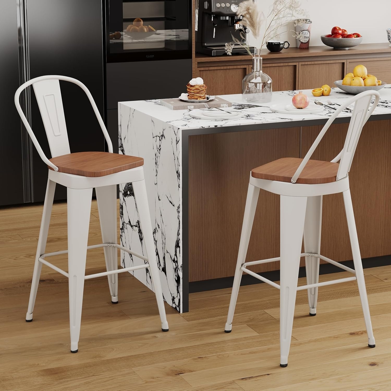 Swivel Counter & Bar Stools with Metal Frame Farmhouse 26" and 30" Seat Height Kitchen Barstools with High Back and Wooden Seat