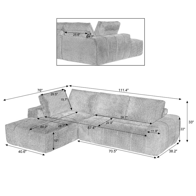 Modern Convertible Compressed Couch L-shaped Sectional Sofa with Chaise, Available Khaki Chenille or Dark Blue Corduroy