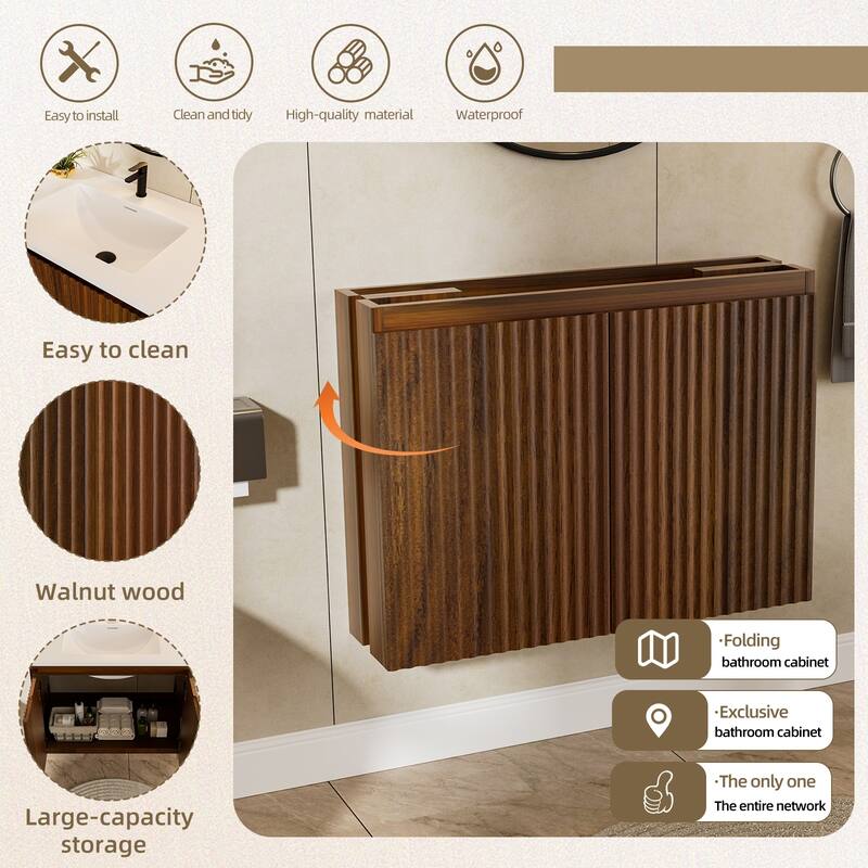 30 Inch Folding Wall Cabinet with Ceramic Sink, Patented 1-Minute Install, Space-Saving Modern Bathroom Cabinet